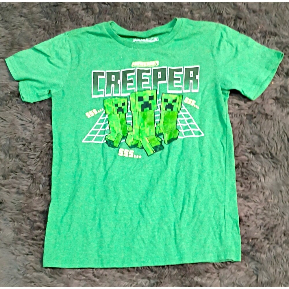 Minecraft Creeper Graphic Print Green Cotton Crew Neck T-Shirt Kids L 6/7
